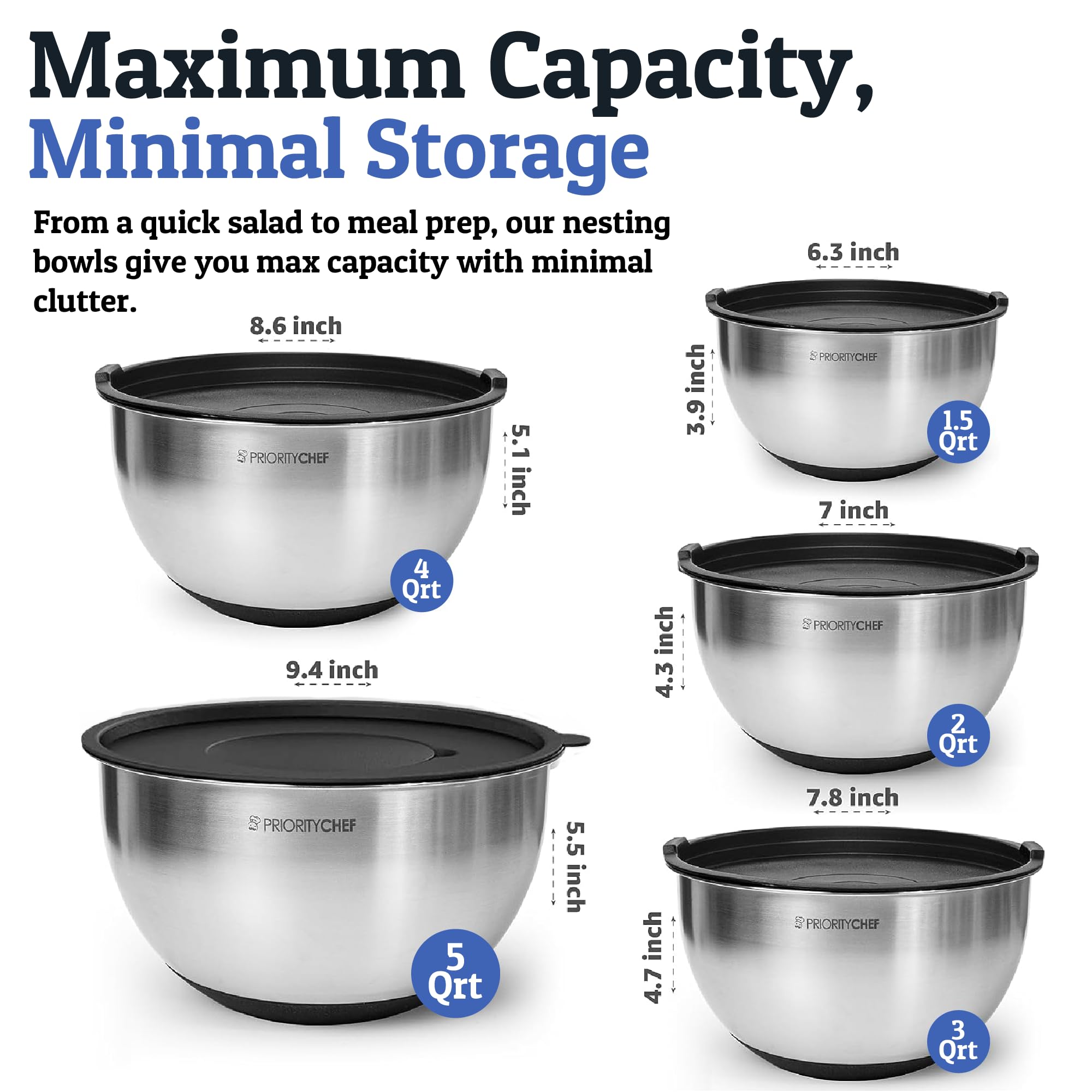 28pc Stainless Steel Mixing Bowls with Lids Set, 1.5-5 Qt, Black