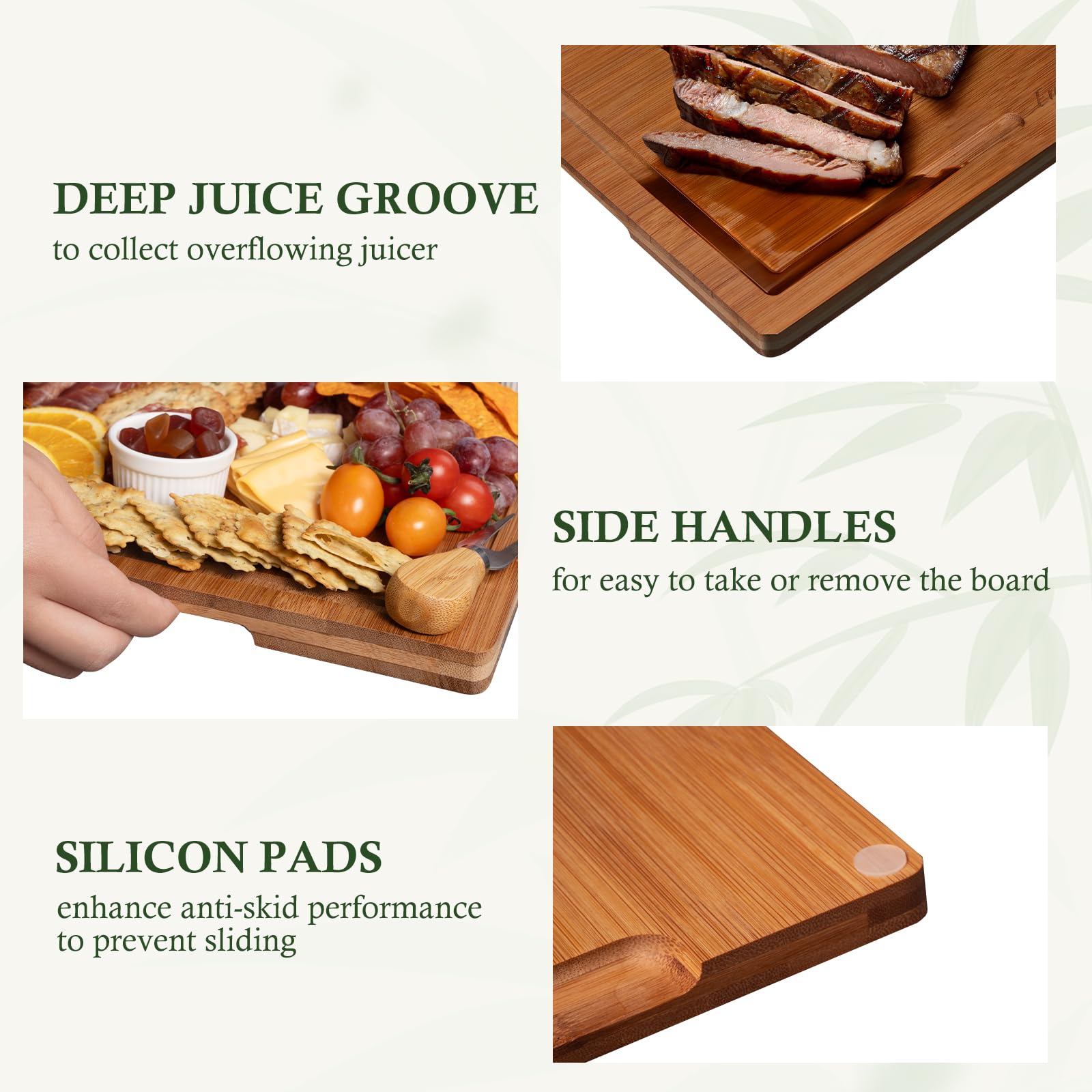 Empune Bamboo Cutting Boards for Kitchen, 3 Piece Extra Thick Cutting Board Set with Juice Groove, Deep Carbonized Bamboo Chopping Board, Reversible Wood Cutting Board for charcuterie boards, Brown
