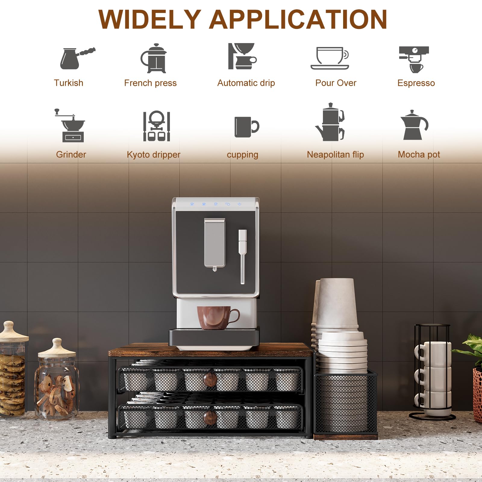 TQVAI K Cup Holder - 60 Capsule Capacity 2 Tier Sliding Pods Storage Drawer with Disposable Cups & Lids Holder, Coffee Bar Station Organizer for Countertop, Black