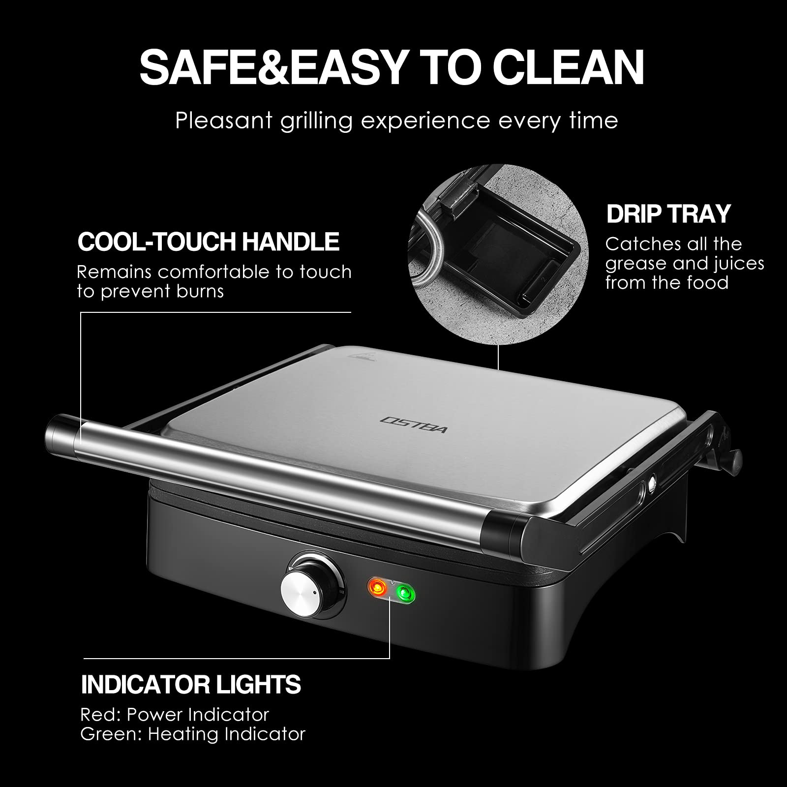 OSTBA Panini Press Grill, 4-Slice Sandwich Maker with Nonstick Plates