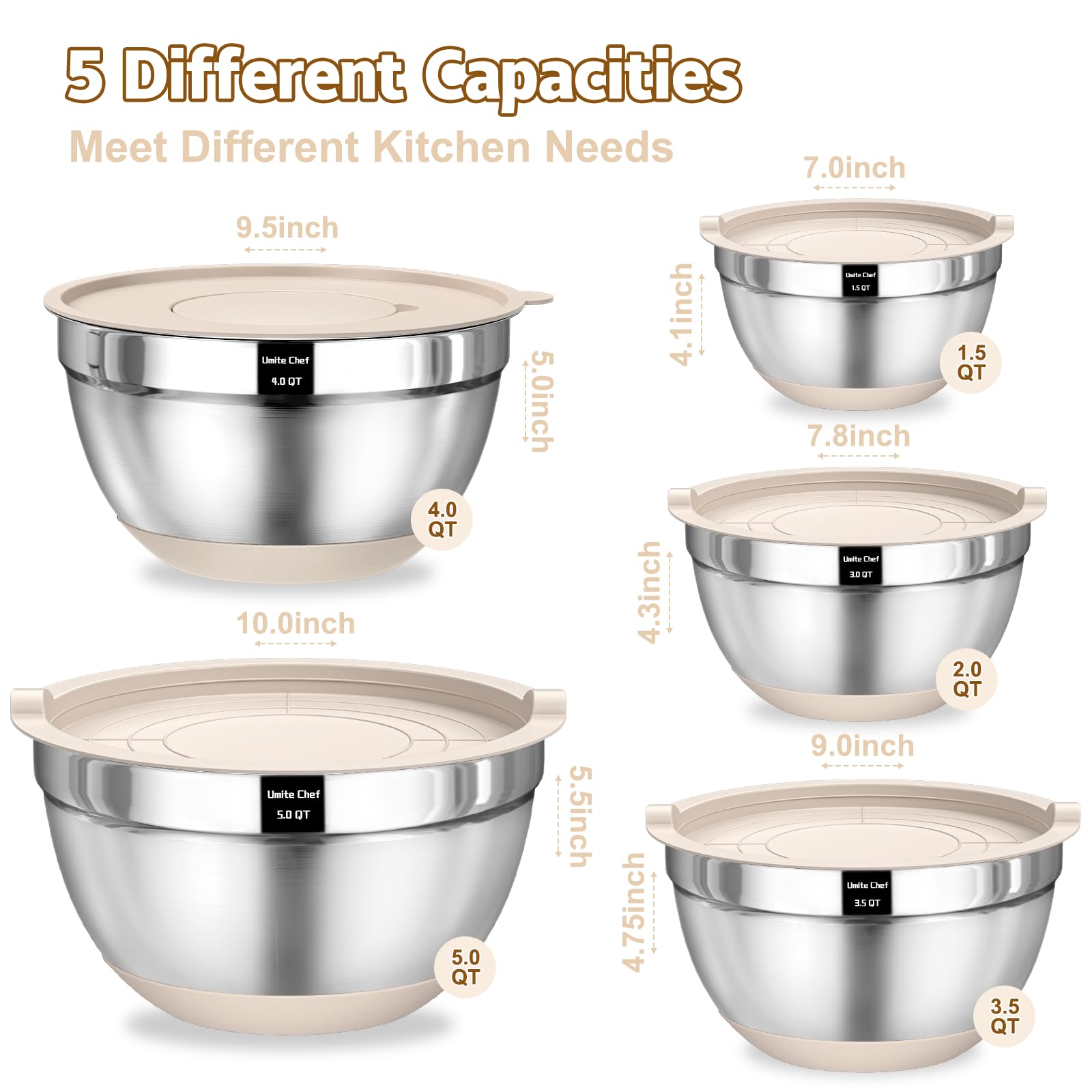 Umite Chef Mixing Bowls with Airtight Lids Set, 8PCS Stainless Steel Nesting Bowls with Grater Attachments, Non-Slip Bottoms, 5, 4, 3.5, 2, 1.5QT for Mixing & Serving