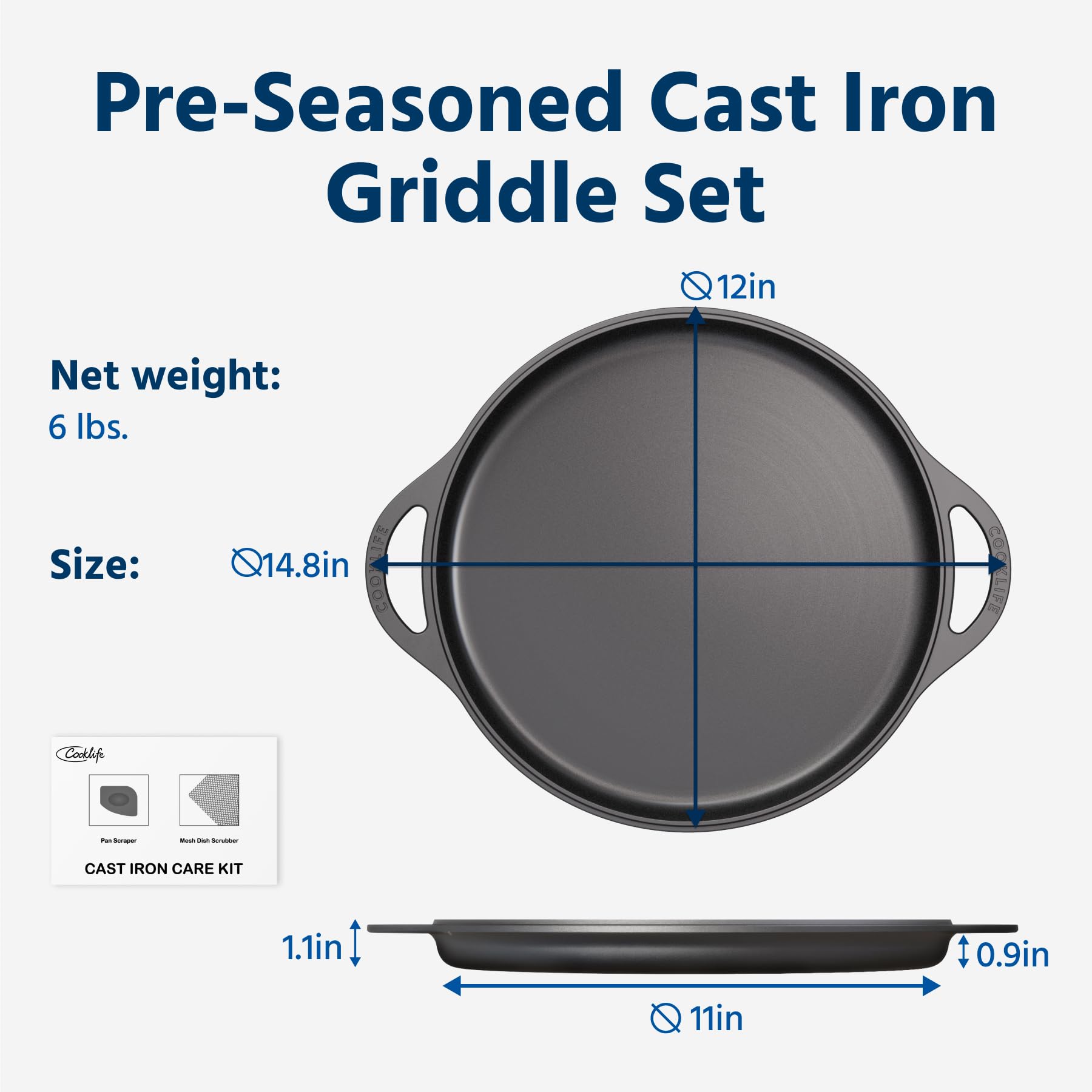 COOKLIFE 12inch Lightweight Pre-Seasoned Cast Iron Griddle Smooth Grill Pan
