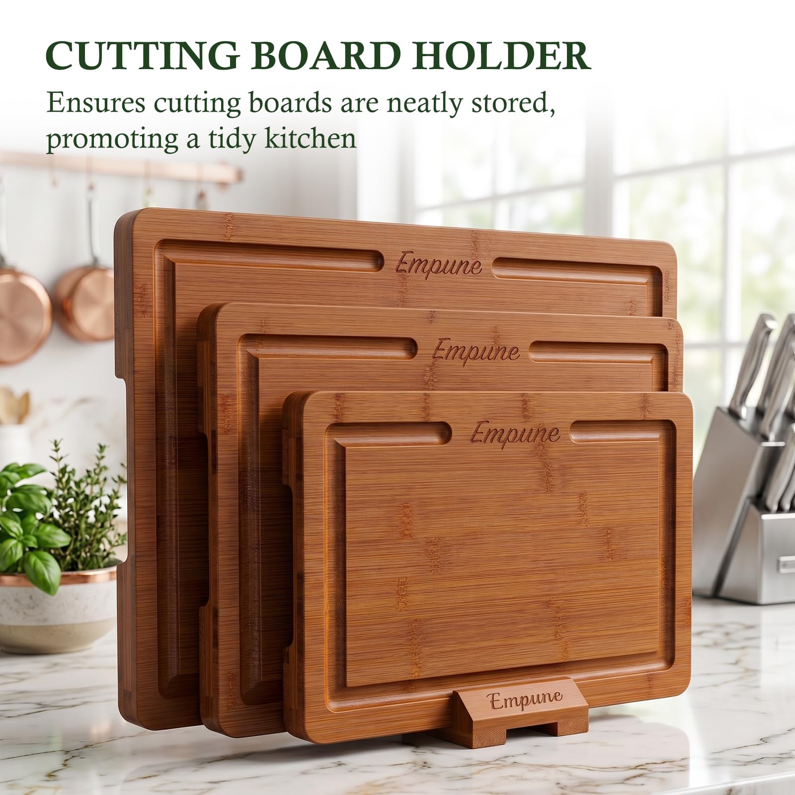 Empune Bamboo Cutting Boards for Kitchen, 3 Piece Extra Thick Cutting Board Set with Juice Groove, Deep Carbonized Bamboo Chopping Board, Reversible Wood Cutting Board for charcuterie boards, Brown