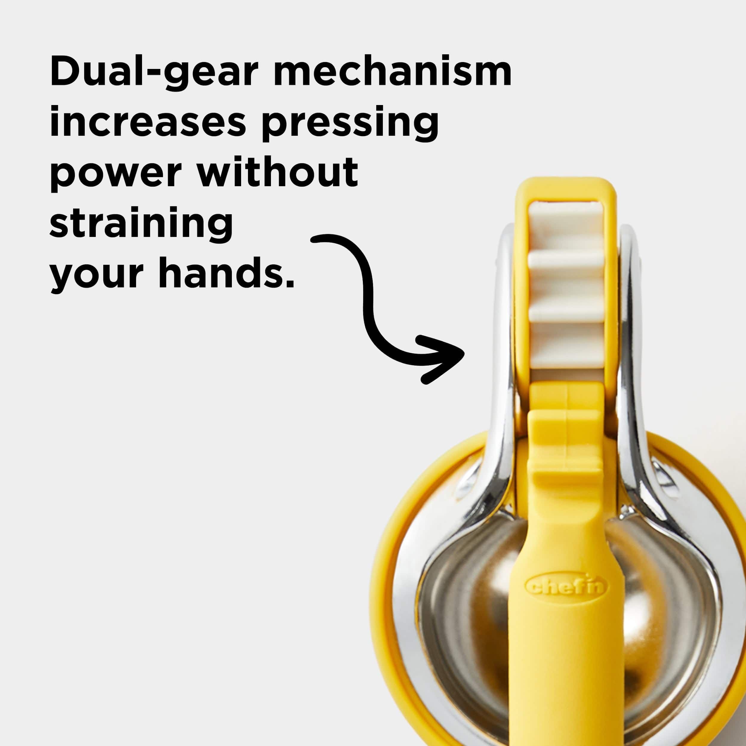 Chef'n FreshForce Lemon Squeezer Citrus Juicer, Manual Hand Press with Dual-Gear Power for Maximum Juice Extraction, Durable, Yellow
