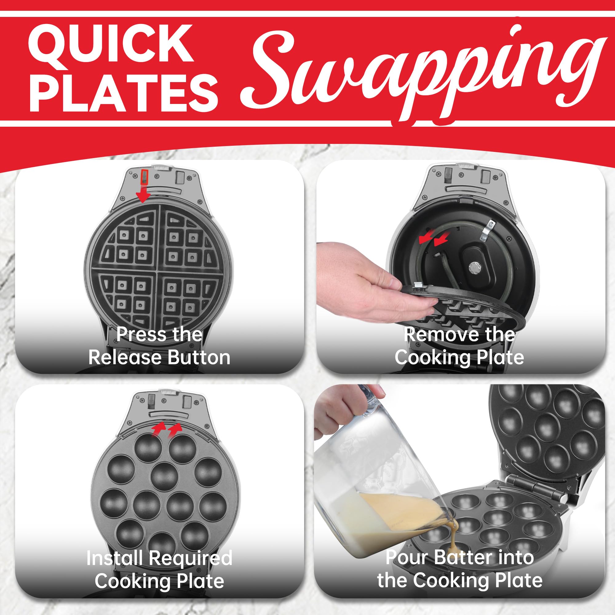 SugarWhisk Thick Belgian Waffle Maker with 3 Removable Plates, 7” Non Stick Belgian Waffle Iron Removable Plates, 3 in 1 Mini Donut Maker Machine, Cake Pop Maker Machine Set with Accessories & Tools