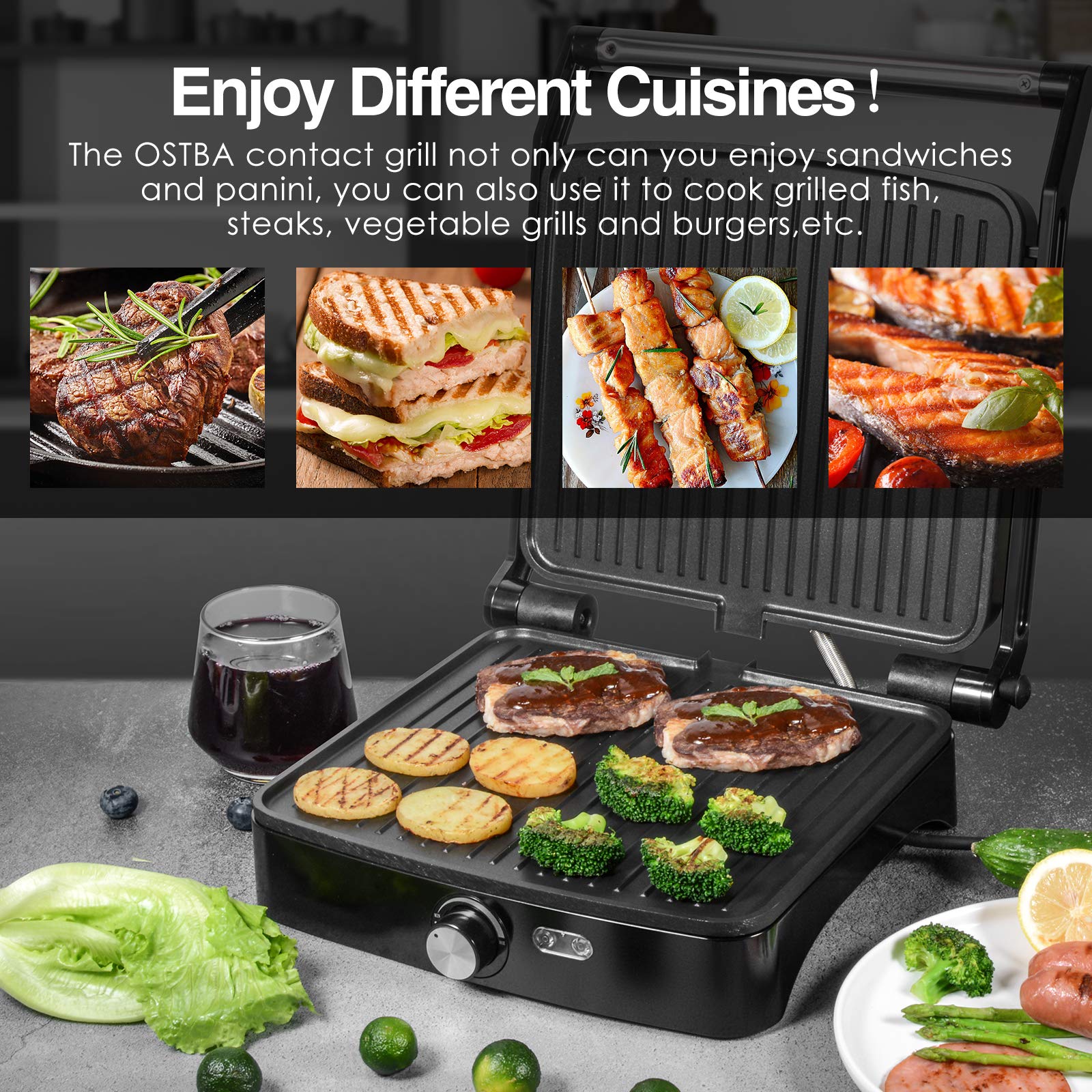 OSTBA Panini Press Grill, 4-Slice Sandwich Maker with Nonstick Plates
