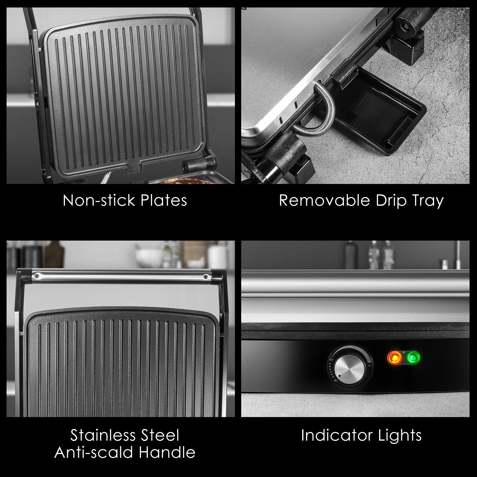 OSTBA Panini Press Grill, 4-Slice Sandwich Maker with Nonstick Plates
