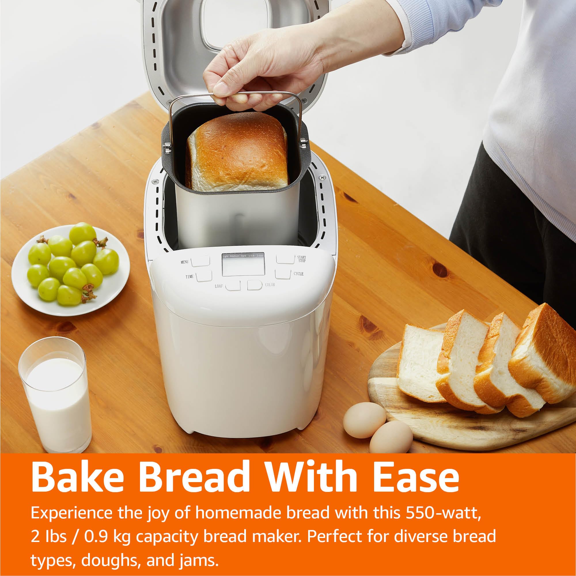 Amazon Basics Programmable Bread Maker, 2 Pound Non-Stick Automatic Bread Making Machine, 14 Settings for Breads, Doughs, Gluten-Free Options, ExpressBake, 3 Crust Colors, LCD Display, White