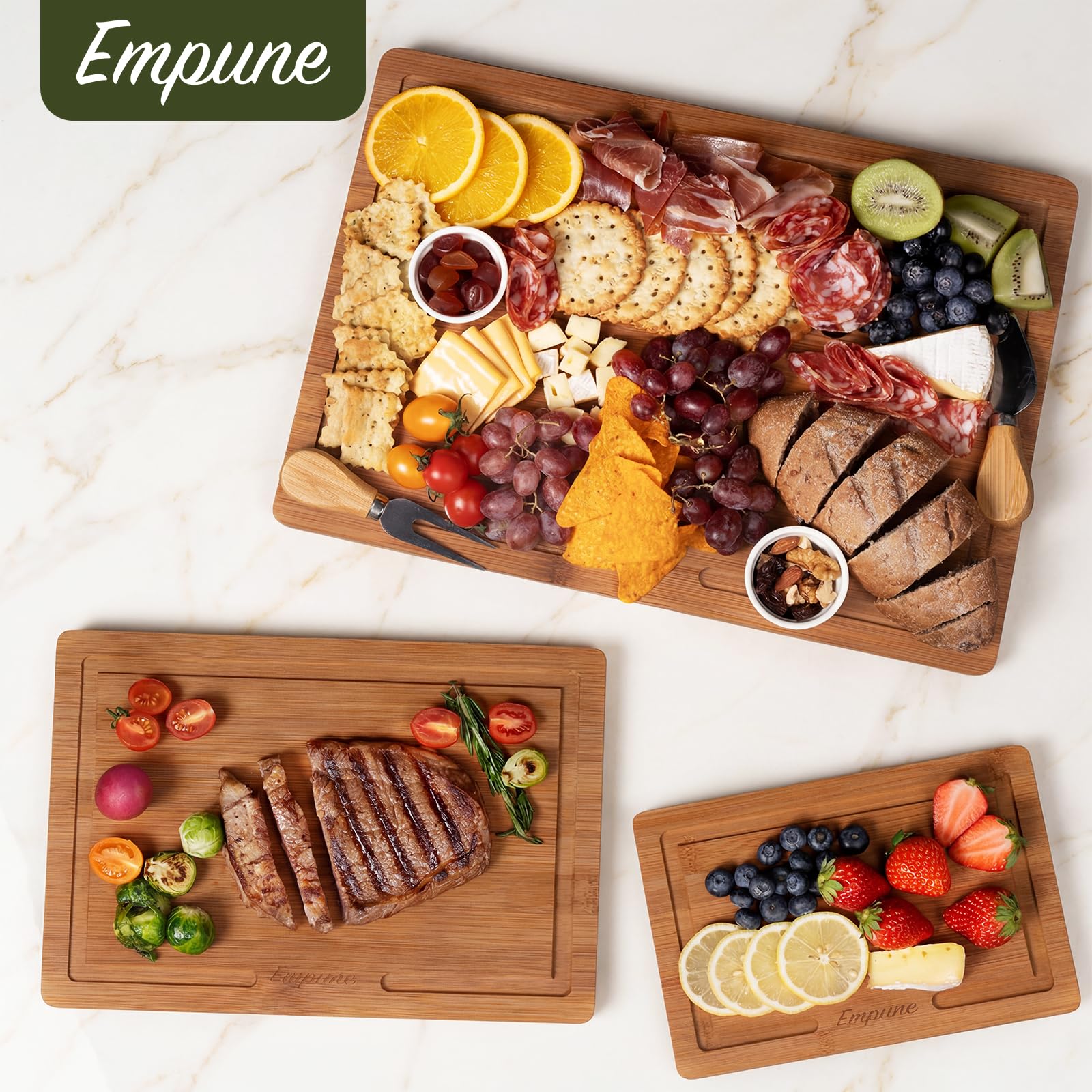 Empune Bamboo Cutting Boards for Kitchen, 3 Piece Extra Thick Cutting Board Set with Juice Groove, Deep Carbonized Bamboo Chopping Board, Reversible Wood Cutting Board for charcuterie boards, Brown