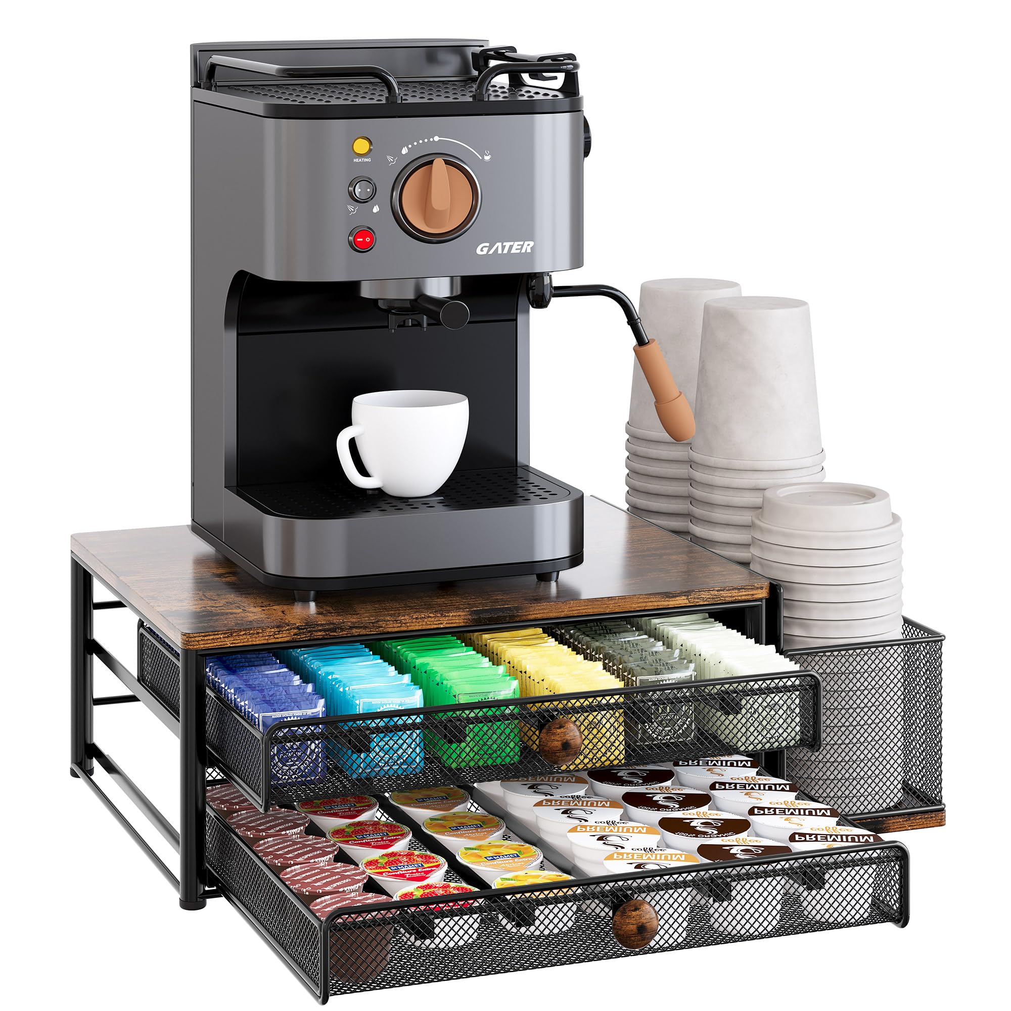 TQVAI K Cup Holder - 60 Capsule Capacity 2 Tier Sliding Pods Storage Drawer with Disposable Cups & Lids Holder, Coffee Bar Station Organizer for Countertop, Black