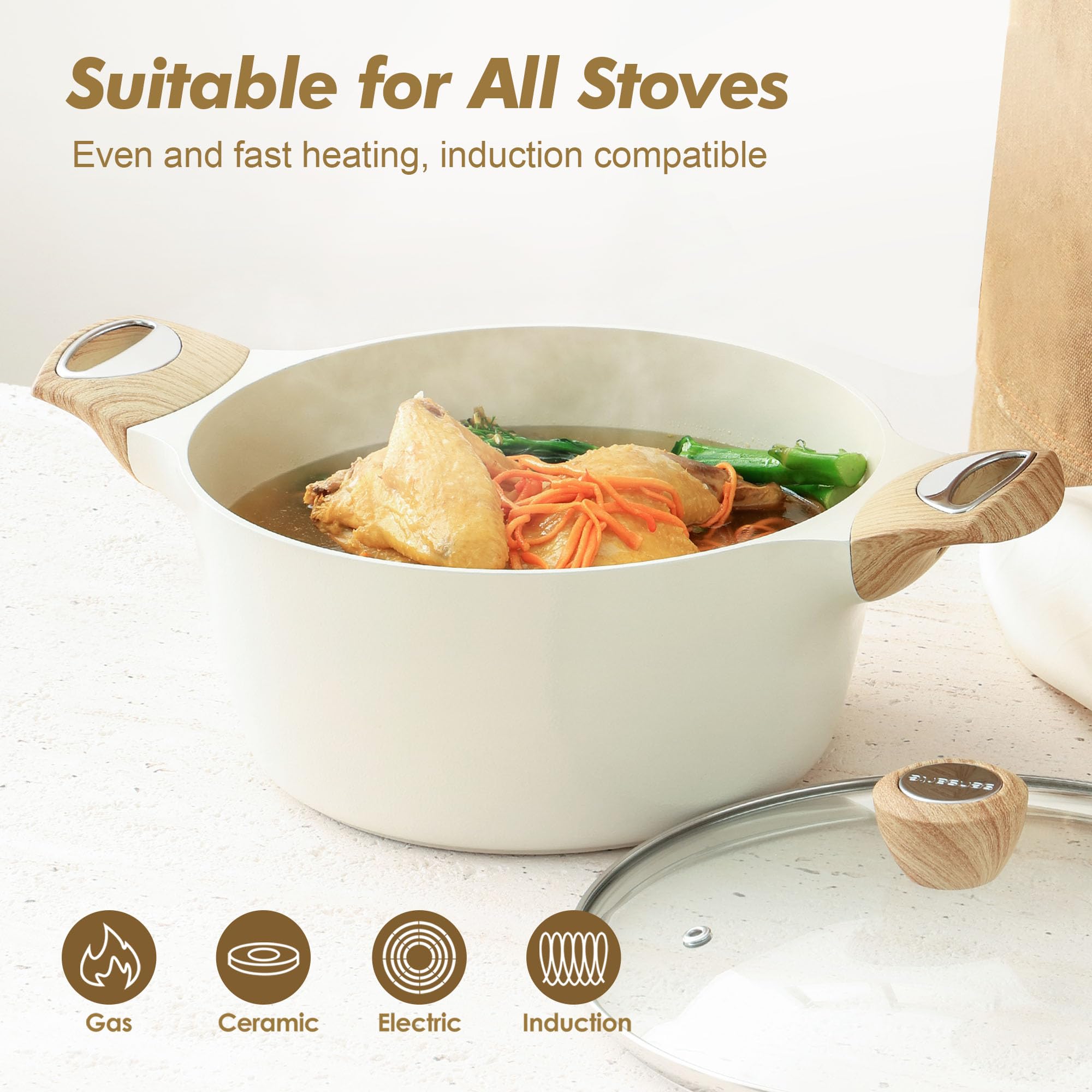SENSARTE Ceramic Nonstick Pot, Stock Pot with Lid, Pasta Pot, 4.5 QT, White