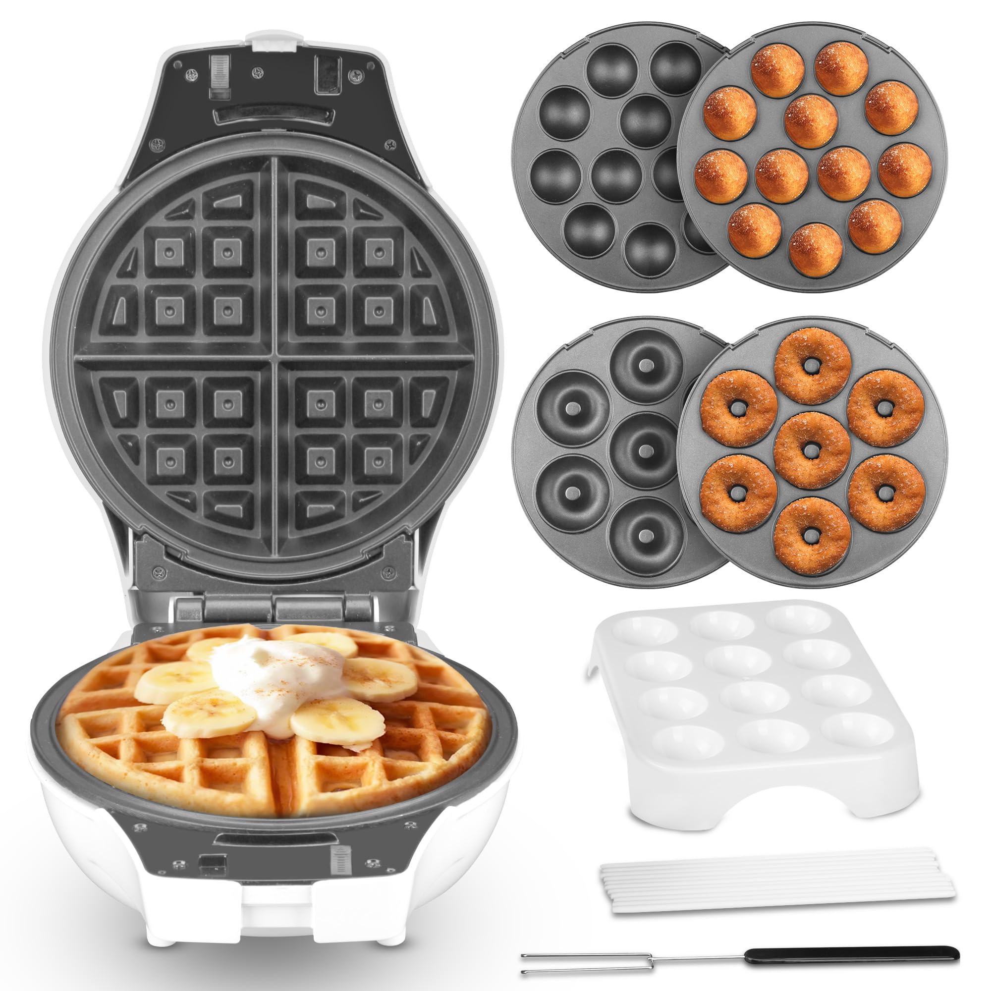 SugarWhisk Thick Belgian Waffle Maker with 3 Removable Plates, 7” Non Stick Belgian Waffle Iron Removable Plates, 3 in 1 Mini Donut Maker Machine, Cake Pop Maker Machine Set with Accessories & Tools