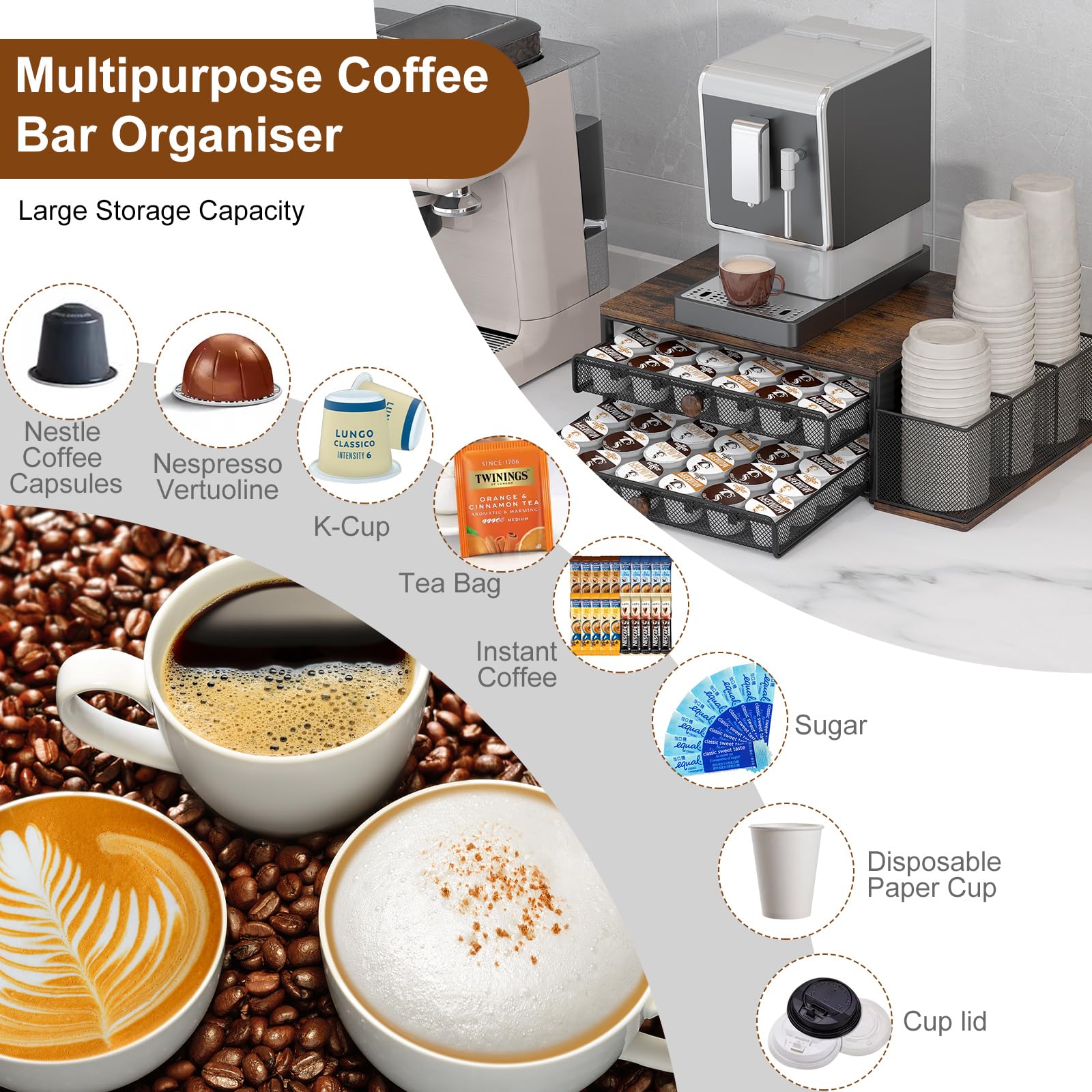 TQVAI K Cup Holder - 60 Capsule Capacity 2 Tier Sliding Pods Storage Drawer with Disposable Cups & Lids Holder, Coffee Bar Station Organizer for Countertop, Black