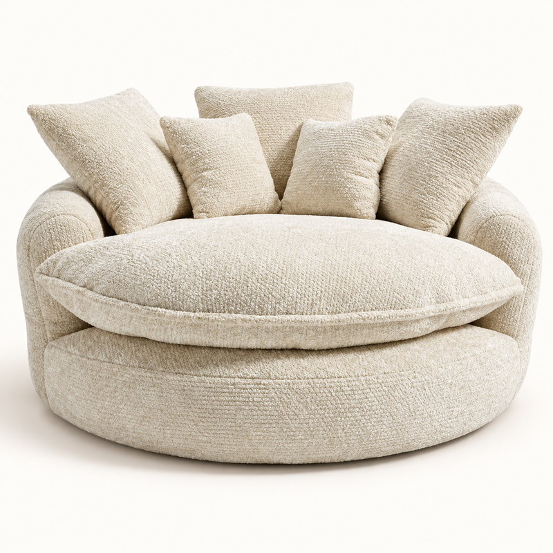 Beige round chenille lounge sofa clean front view