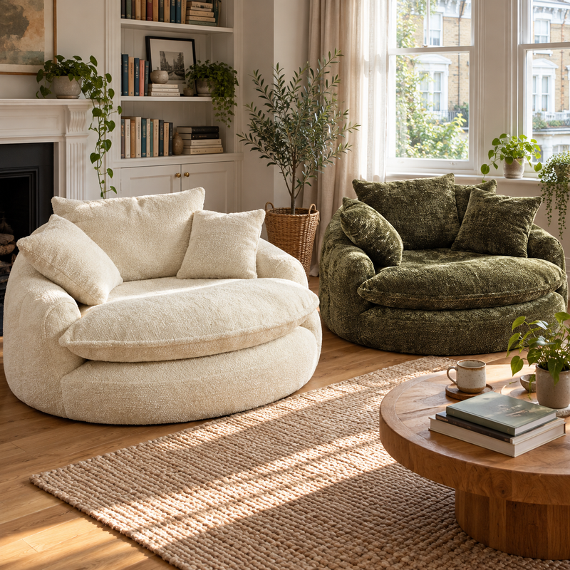Beige and olive green round sofas together in a styled living room