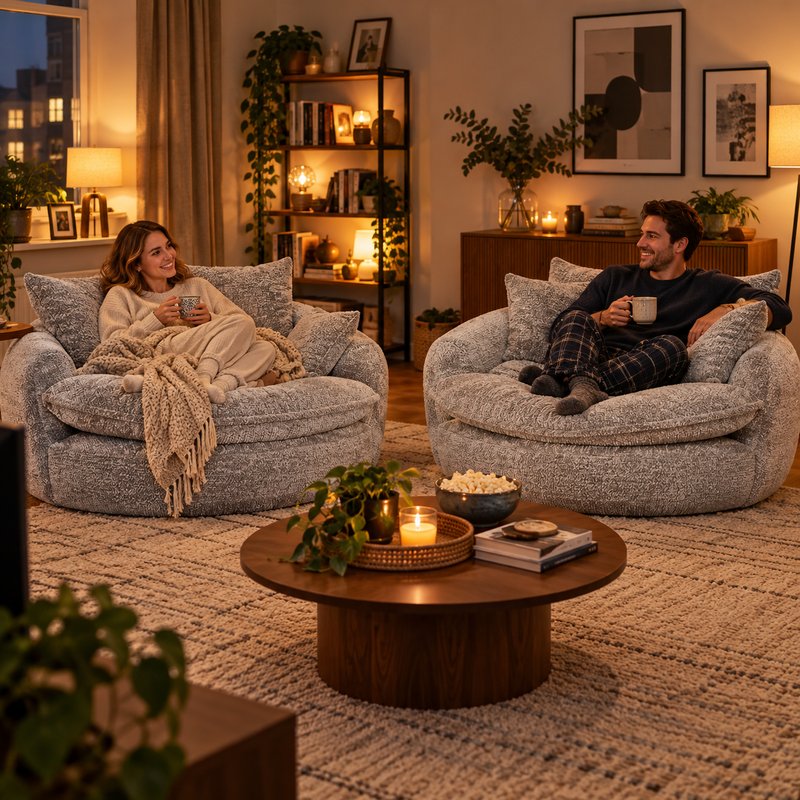 Two Light Grey round lounge sofas in a warm living room