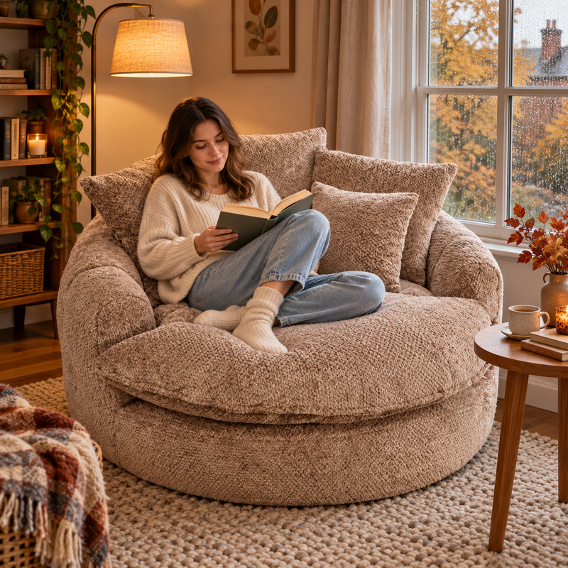 Coffee round lounge sofa in a cosy reading nook
