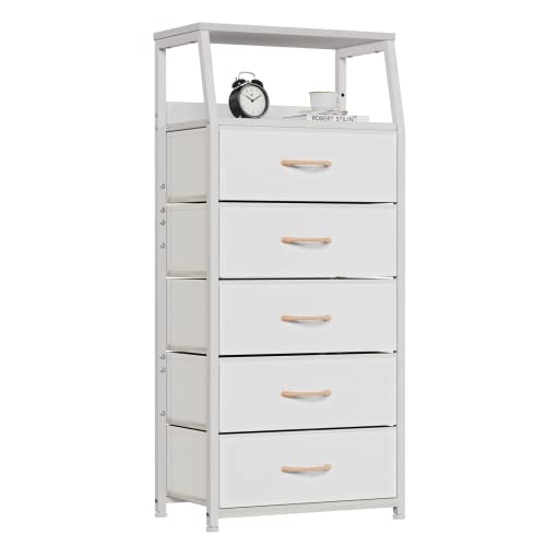 Furnulem White Tall Dresser for Bedroom, 5 Fabric Bins Tall Nightstand