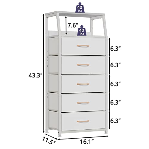Furnulem White Tall Dresser for Bedroom, 5 Fabric Bins Tall Nightstand