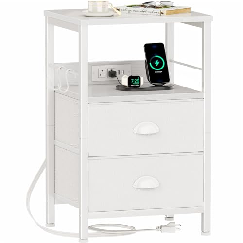 Furologee Night Stand with Charging Station, 2 Fabric Drawers, White