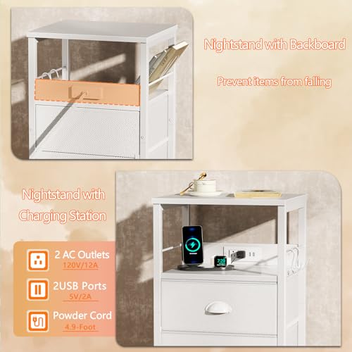 Furologee Night Stand with Charging Station, 2 Fabric Drawers, White