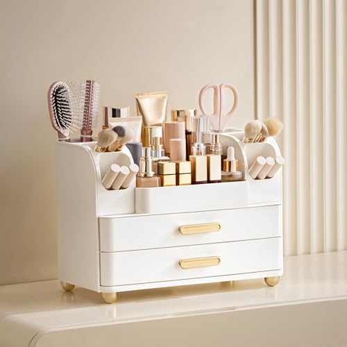 HBlife Makeup Organizer for Vanity with Brush Holder, Large Bathroom Countertop Cosmetic Organizer Skin Care Storage, Easy to Store Lipsticks, Nail Polishes, Perfumes, Eyeshadow Palettes, All White