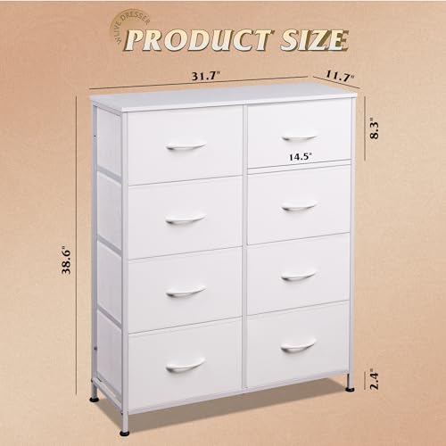 WLIVE 8 Drawer White Fabric Dresser for Bedroom, Tall Storage Tower