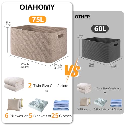 OIAHOMY 75L Large Blanket Basket Woven Cotton Rope Storage Basket Brown