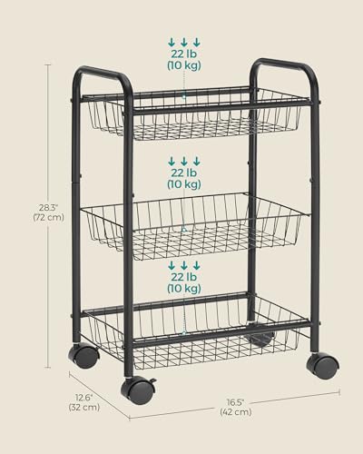 SONGMICS 3-Tier Steel Rolling Cart with Removable Baskets