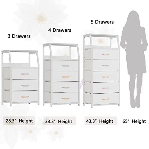 Furnulem White Tall Dresser for Bedroom, 5 Fabric Bins Tall Nightstand