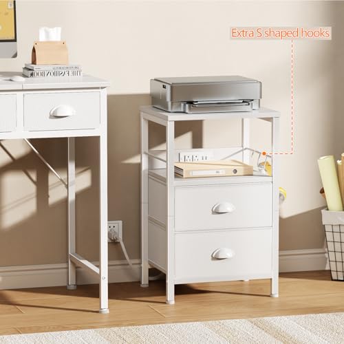 Furologee Night Stand with Charging Station, 2 Fabric Drawers, White