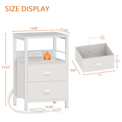 Furologee Night Stand with Charging Station, 2 Fabric Drawers, White