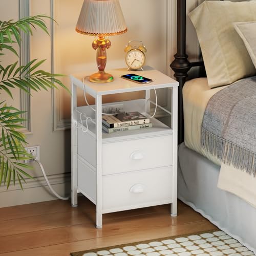 Furologee Night Stand with Charging Station, 2 Fabric Drawers, White