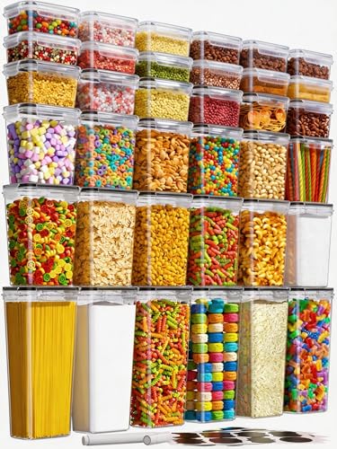 KEMETHY 36 PCS Airtight Food Storage Containers with Lids, Kitchen Pantry Organization and Storage, BPA-Free Plastic Scale Food Canisters for Cereal, Flour, Sugar, Dry Food, Include Labels & Marker