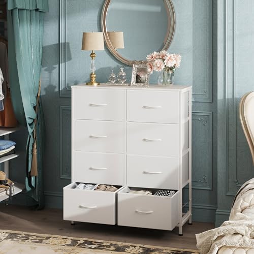 WLIVE 8 Drawer White Fabric Dresser for Bedroom, Tall Storage Tower