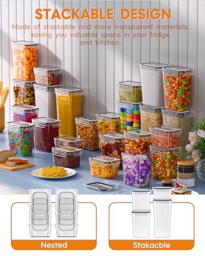 KEMETHY 36 PCS Airtight Food Storage Containers with Lids, Kitchen Pantry Organization and Storage, BPA-Free Plastic Scale Food Canisters for Cereal, Flour, Sugar, Dry Food, Include Labels & Marker