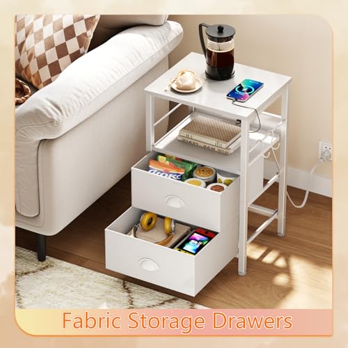 Furologee Night Stand with Charging Station, 2 Fabric Drawers, White