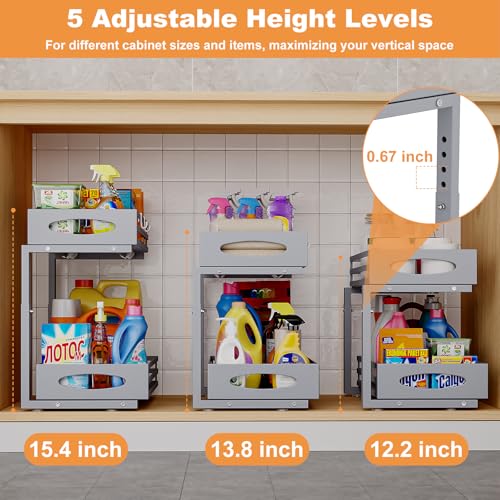 Under Sink Organizer, 2 Tier Under Sink Organizers and Storage, Adjustable Height, Slide out Metal Cabinet Organizers, Pull out Cabinet Storage Drawer Shelf for Kitchen Bathroom (Gray, 1 Pack)