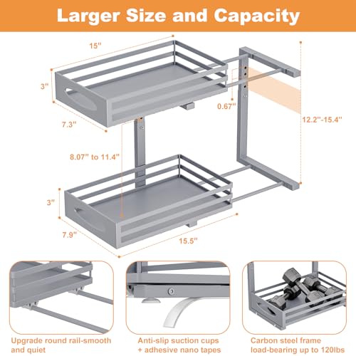 Under Sink Organizer, 2 Tier Under Sink Organizers and Storage, Adjustable Height, Slide out Metal Cabinet Organizers, Pull out Cabinet Storage Drawer Shelf for Kitchen Bathroom (Gray, 1 Pack)