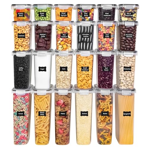 Freshware Kitchen Storage Containers with Lids, 48 PCS Airtight Food Storage Containers, Plastic Kitchen Containers, Pantry Containers for Cereal, Dry Food, Includes Labels, Marker & Measuring Spoons