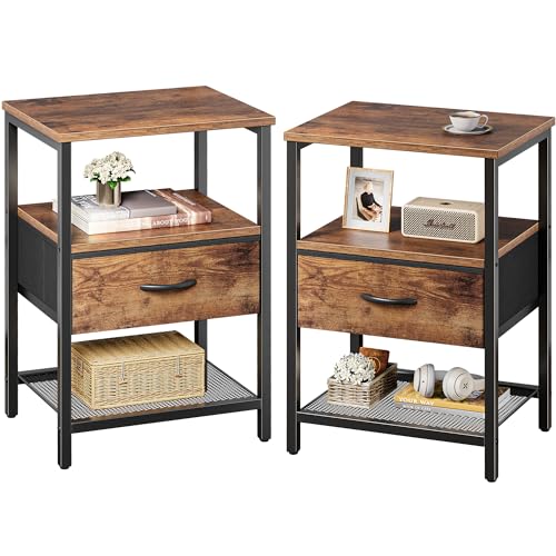 Huuger Nightstand Set of 2, Night Stand with Fabric Drawer, Mesh Shelf