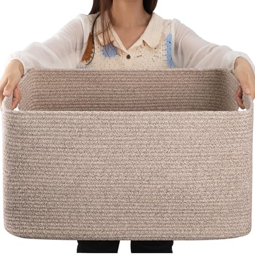 OIAHOMY 75L Large Blanket Basket Woven Cotton Rope Storage Basket Brown