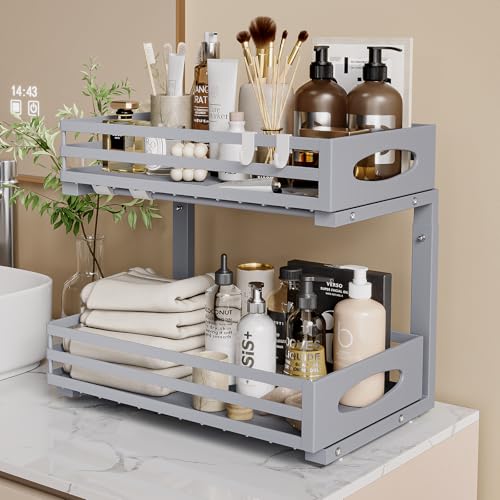 Under Sink Organizer, 2 Tier Under Sink Organizers and Storage, Adjustable Height, Slide out Metal Cabinet Organizers, Pull out Cabinet Storage Drawer Shelf for Kitchen Bathroom (Gray, 1 Pack)