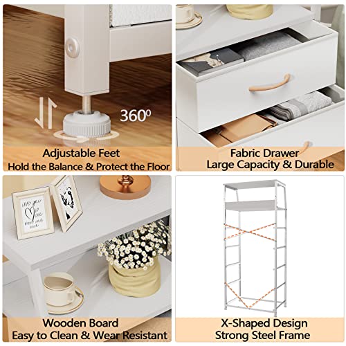 Furnulem White Tall Dresser for Bedroom, 5 Fabric Bins Tall Nightstand