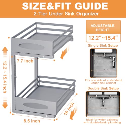 Under Sink Organizer, 2 Tier Under Sink Organizers and Storage, Adjustable Height, Slide out Metal Cabinet Organizers, Pull out Cabinet Storage Drawer Shelf for Kitchen Bathroom (Gray, 1 Pack)