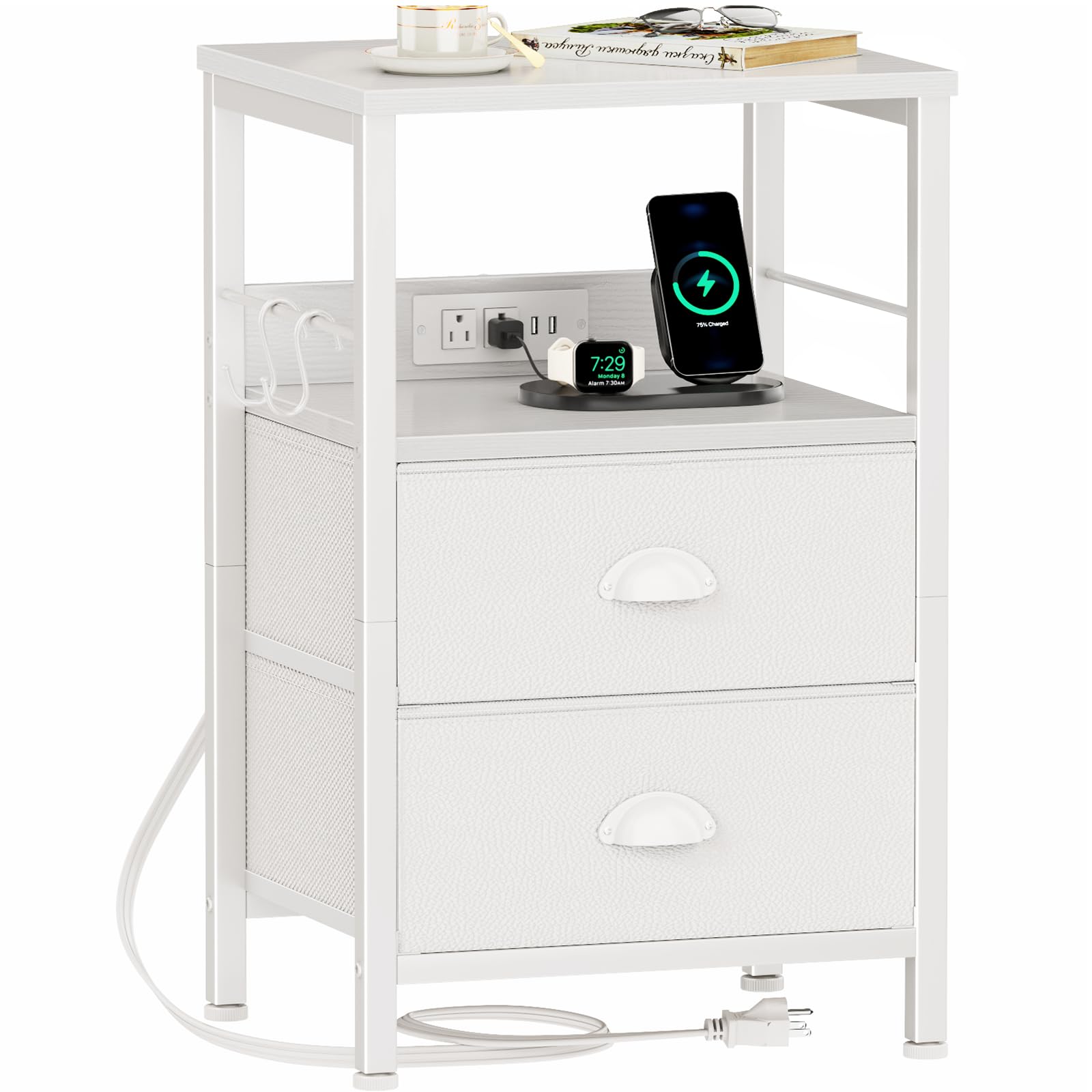 Furologee Night Stand with Charging Station, 2 Fabric Drawers, White