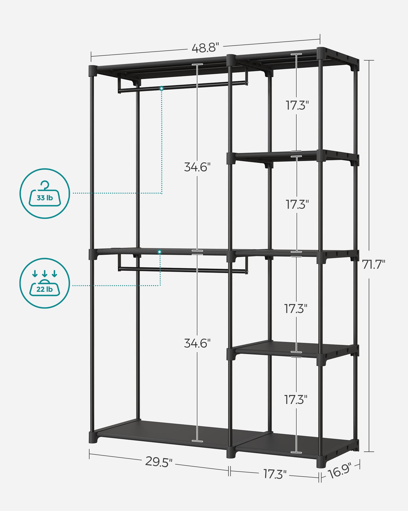 SONGMICS Portable Closet, Storage Organizer, 48.8 x 16.9 x 71.7 Inches