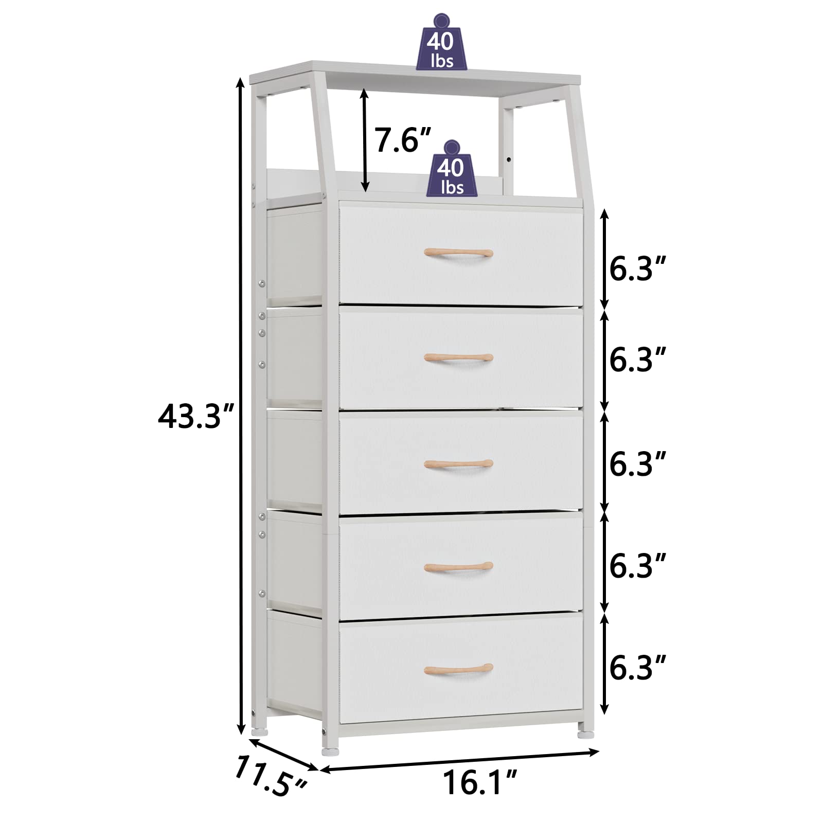 Furnulem White Tall Dresser for Bedroom, 5 Fabric Bins Tall Nightstand