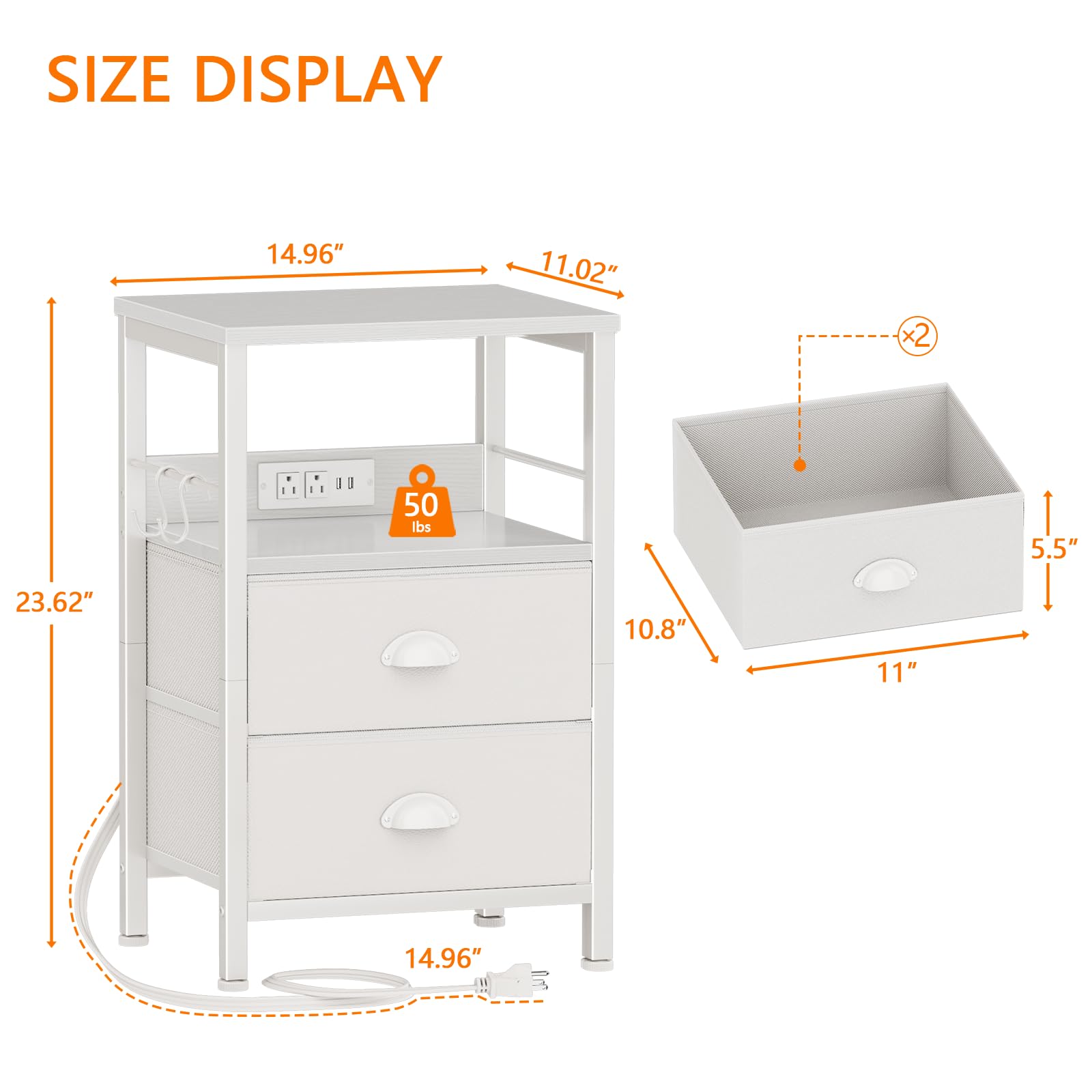 Furologee Night Stand with Charging Station, 2 Fabric Drawers, White