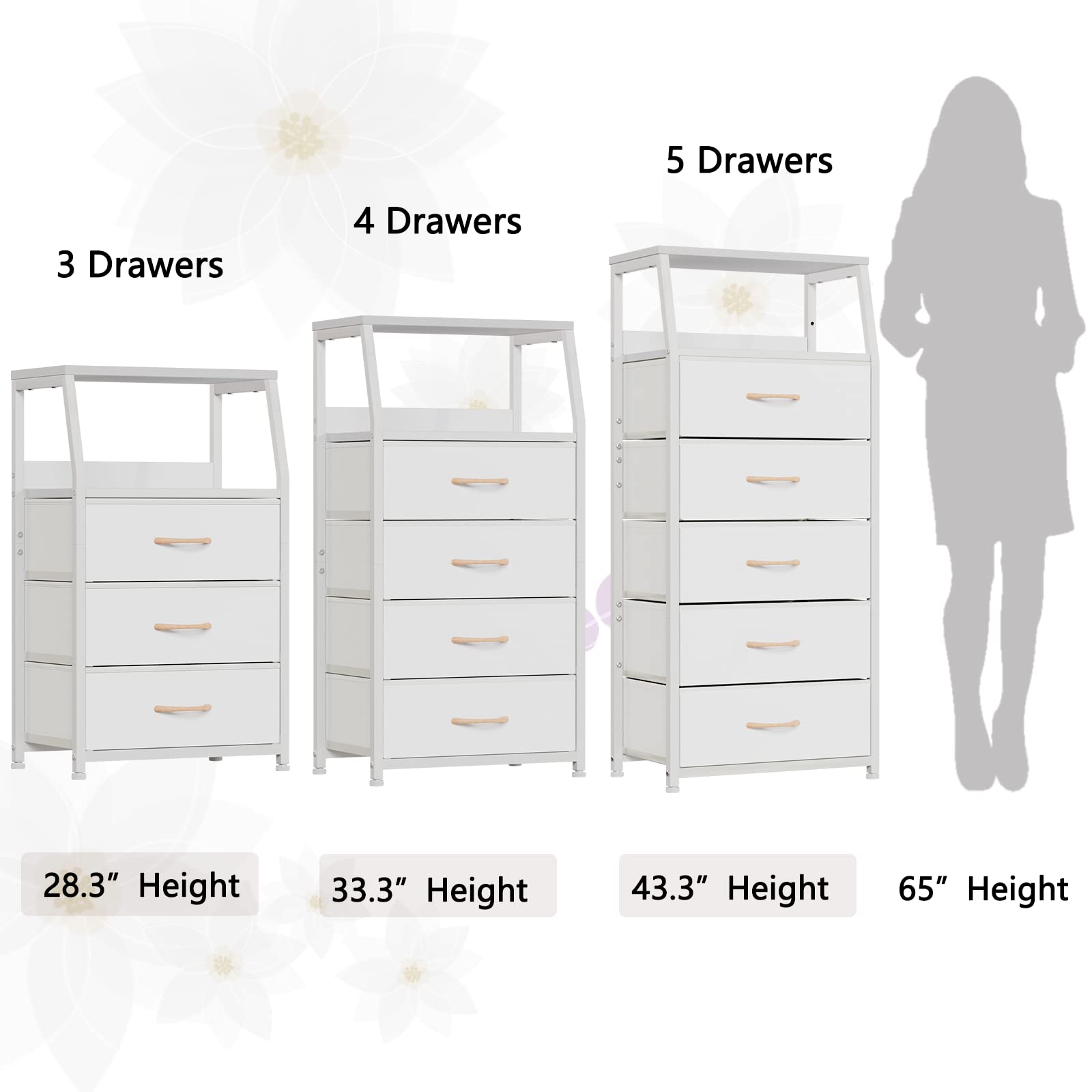 Furnulem White Tall Dresser for Bedroom, 5 Fabric Bins Tall Nightstand